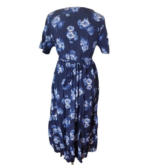 Vintage 90s Small‎ Blue Floral Babydoll Midi Dress Tieback Shortsleeve Button Up - Picture 6 of 10